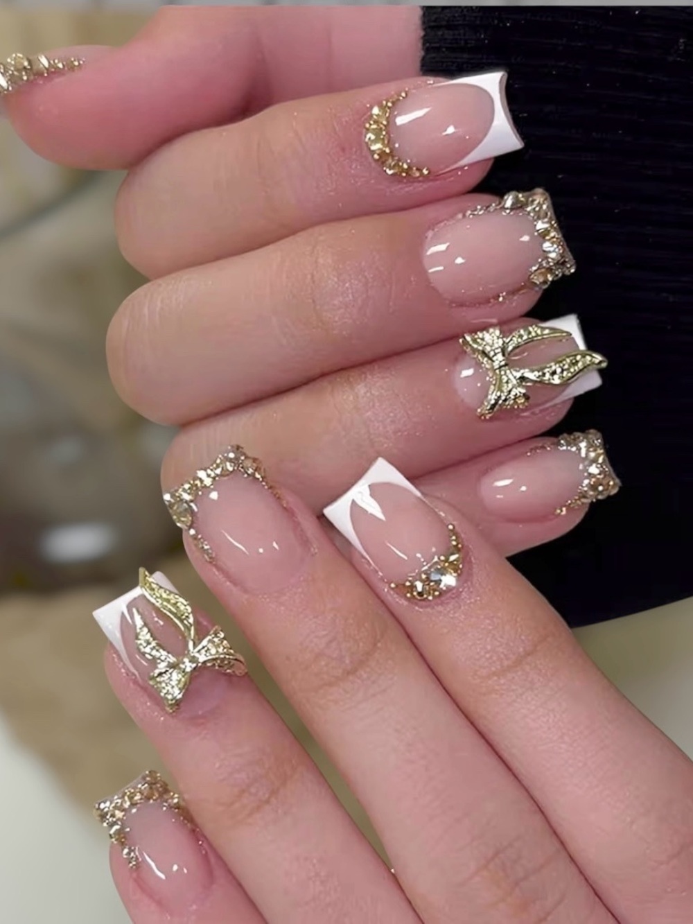 New 24Pcs French Tip Press on Nails Short Square  Gold 3D bow 🎈2 for $5